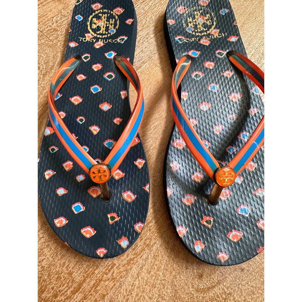 Tory Burch Flip Flops Women Orange Blue Pattern Logo Sandals Size - Picture 3 of 6